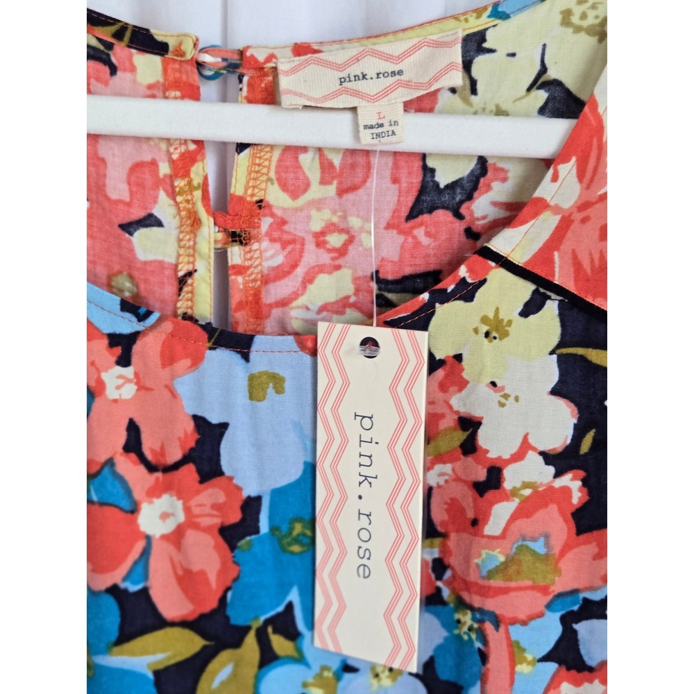 Pink Rose Floral Print Sleeveless Mini Dress Keyhole Back Coral Blue Large NEW - Picture 4 of 8